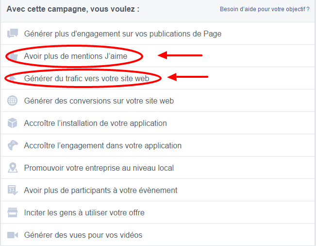 type de publicité facebook